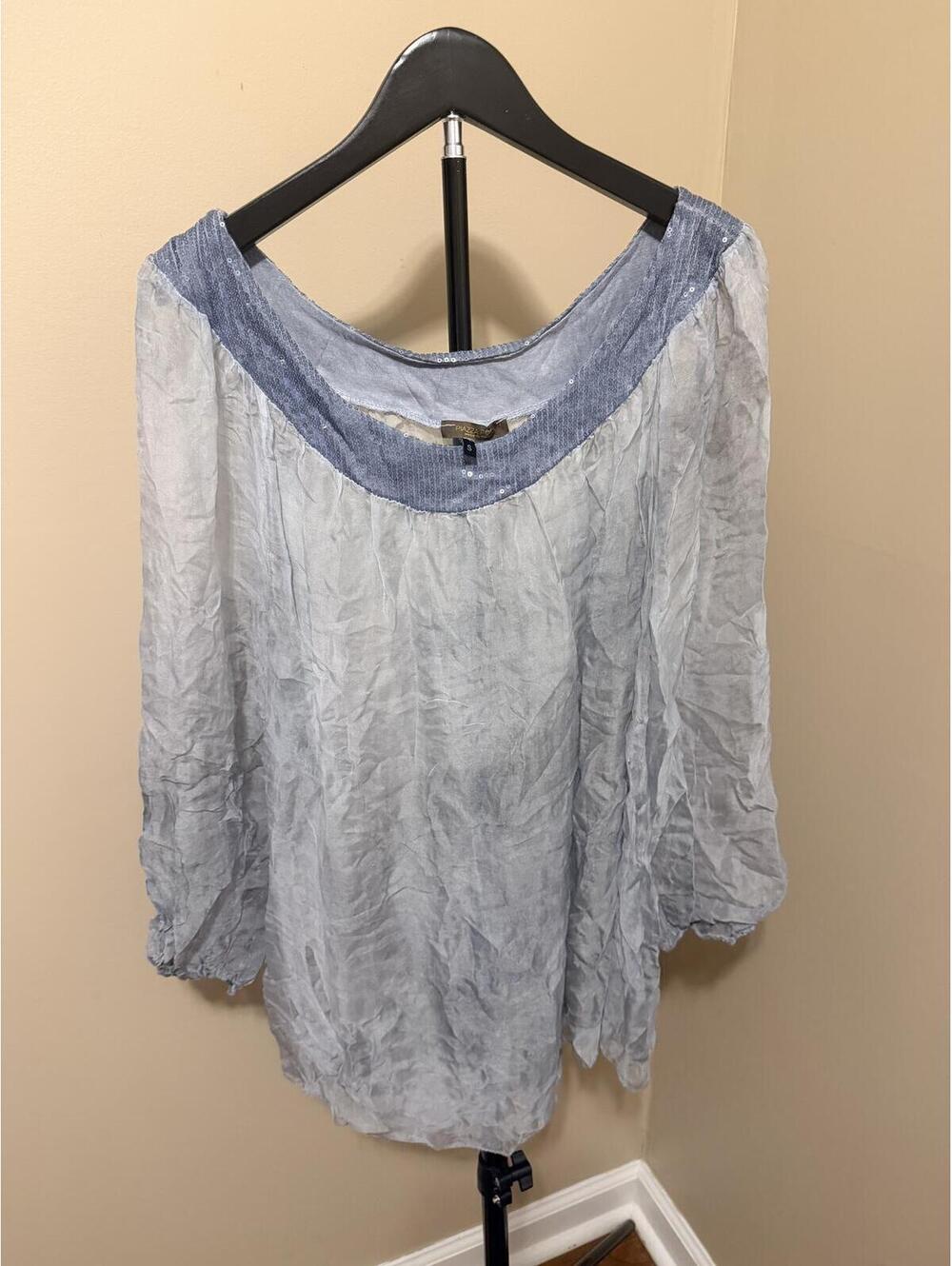 Piazza Roma Silk Blend Sequin Peasant Blouse Size Small Blue Boho Top